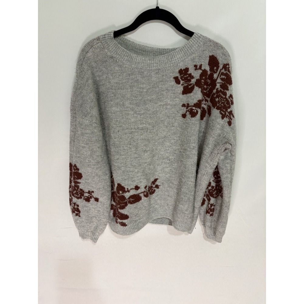 Knox Rose Grey Floral Knit Pullover Sweater Womens Size L Long Sleeve Gray